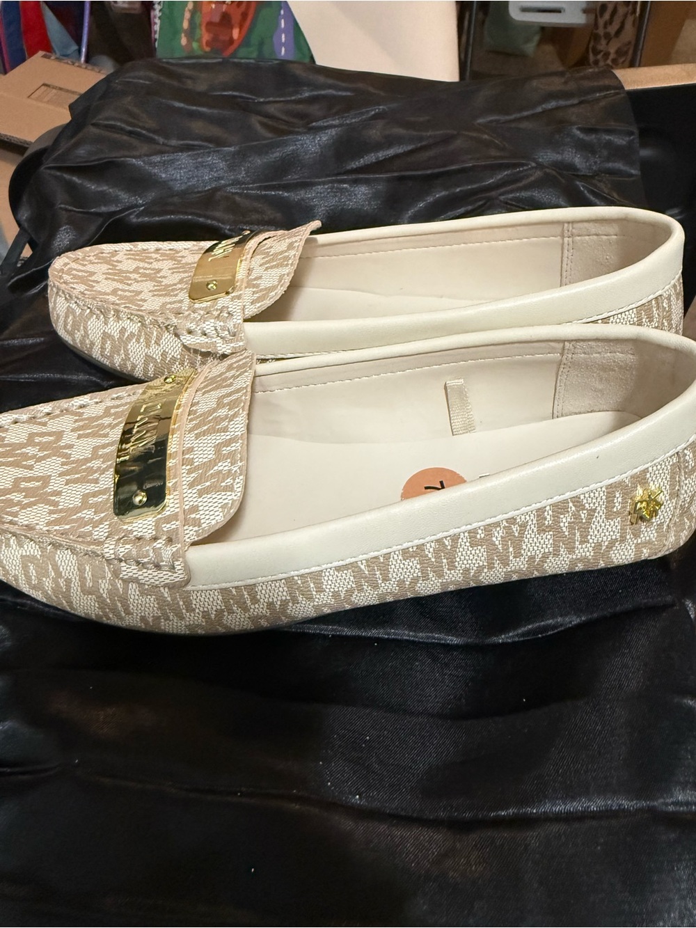DKNY Beige Logo Slip-On Loafers with Gold Plaque - Picture 2 of 3